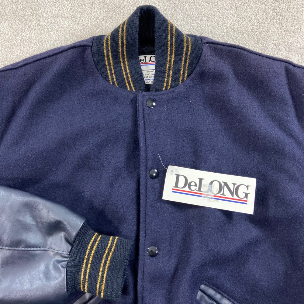 DeLONG Varsity Jacket Mens Small Navy Blue Wool Leather Sleeve Bomber USA Made